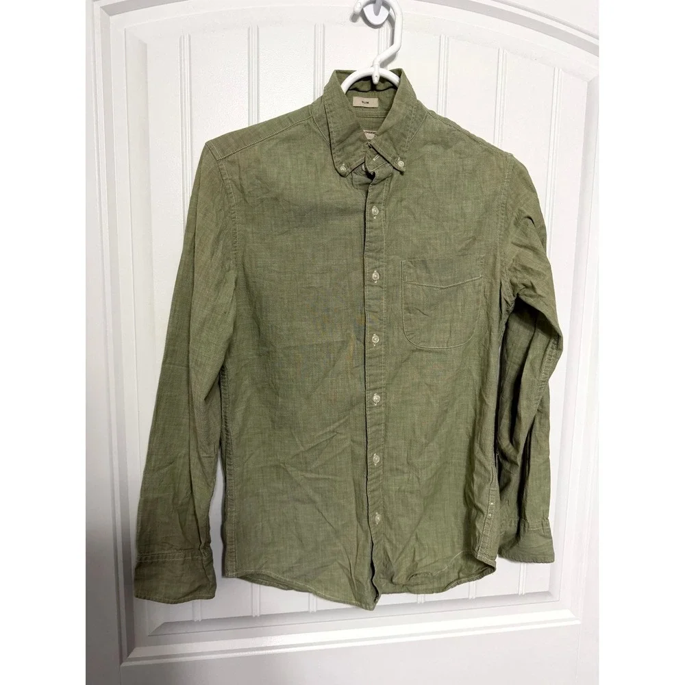 J. Crew Button Down Shirt Mens XS Olive Green Slim Fit Organic Cotton Long Sleev